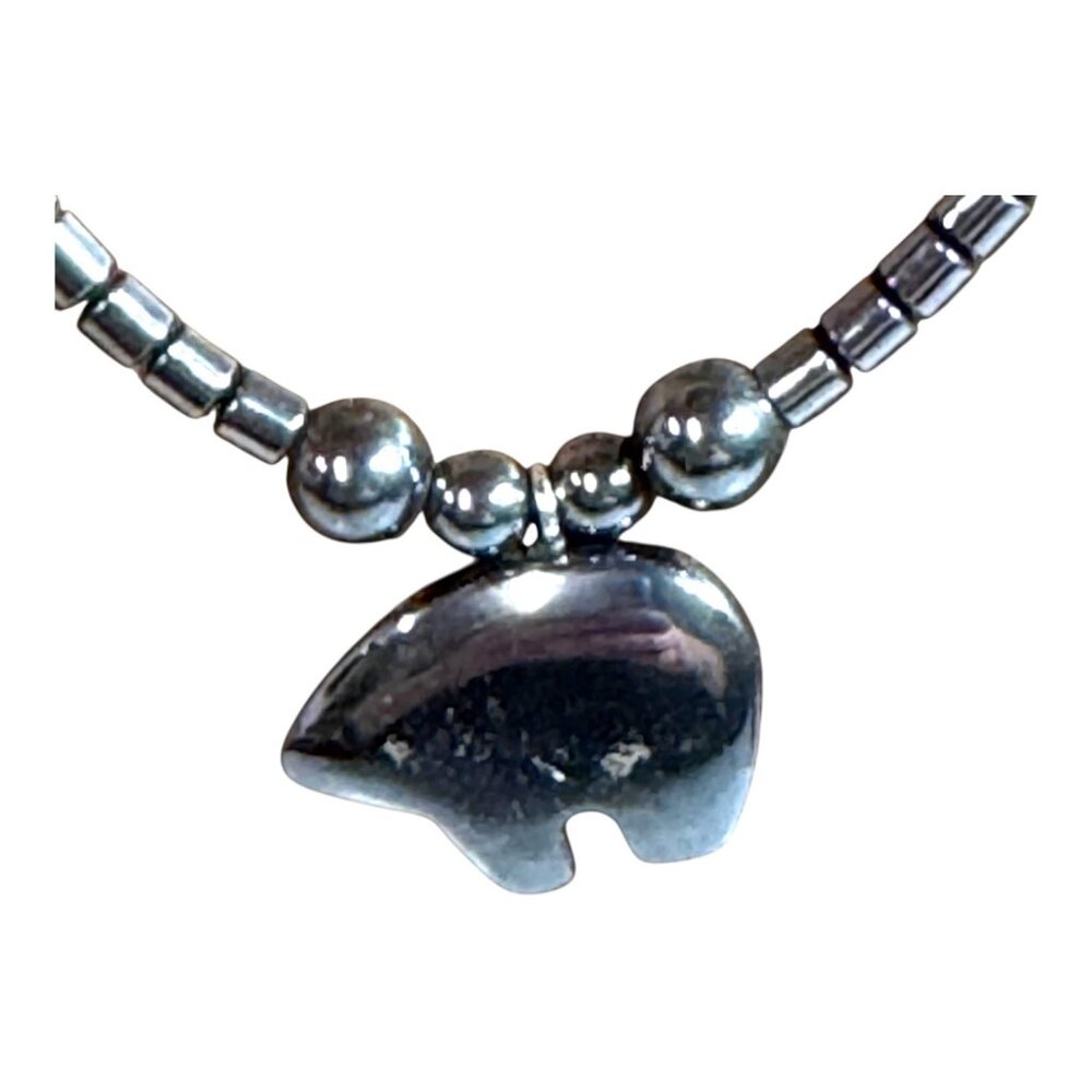 Hematite Turquoise Beaded Necklace Bear Pendant 19" Handcrafted Southwestern Vtg - Picture 3 of 7